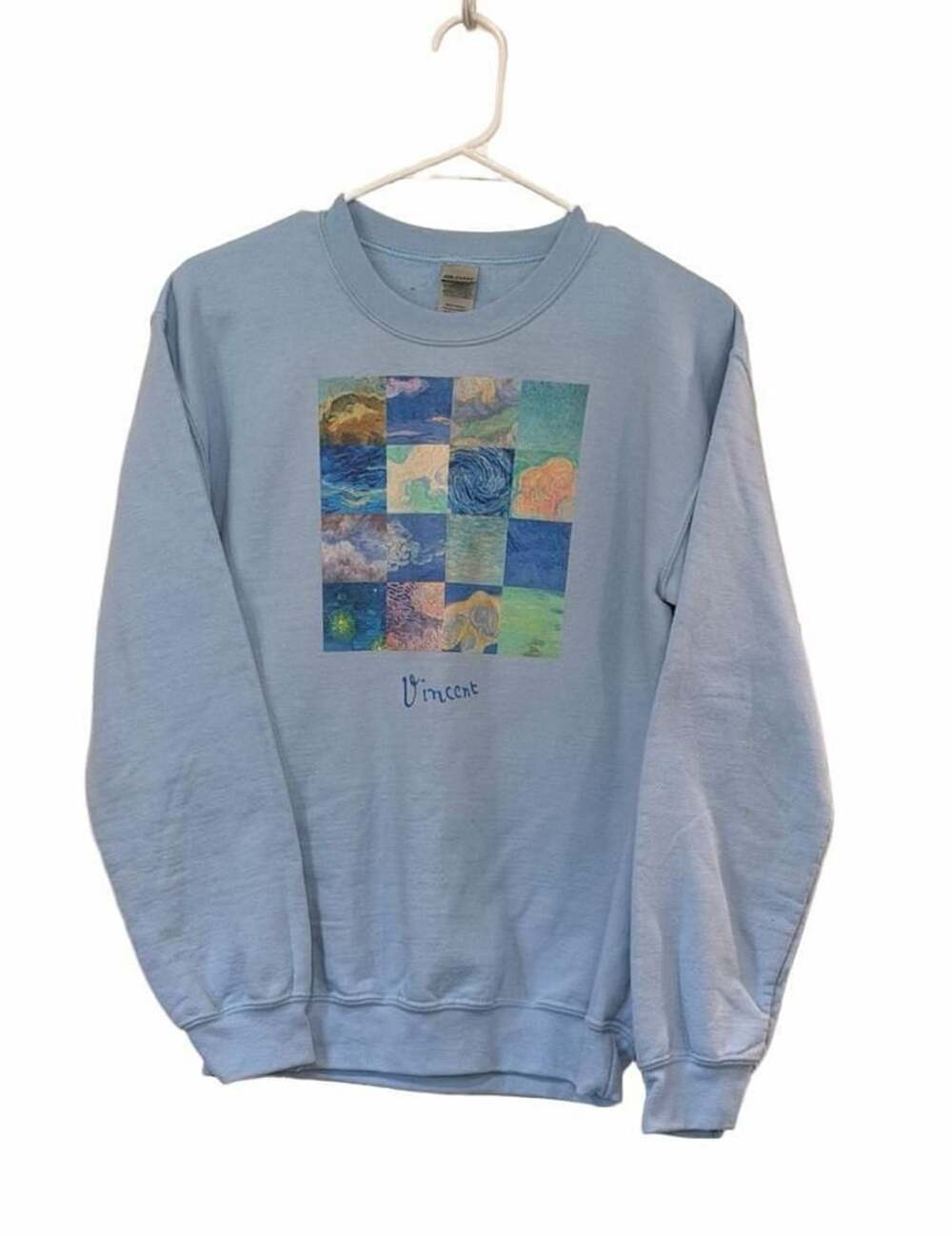 Light Blue Vincent Van Gogh Paintings Grid Crewneck Sweatshirt Small - Picture 2 of 5